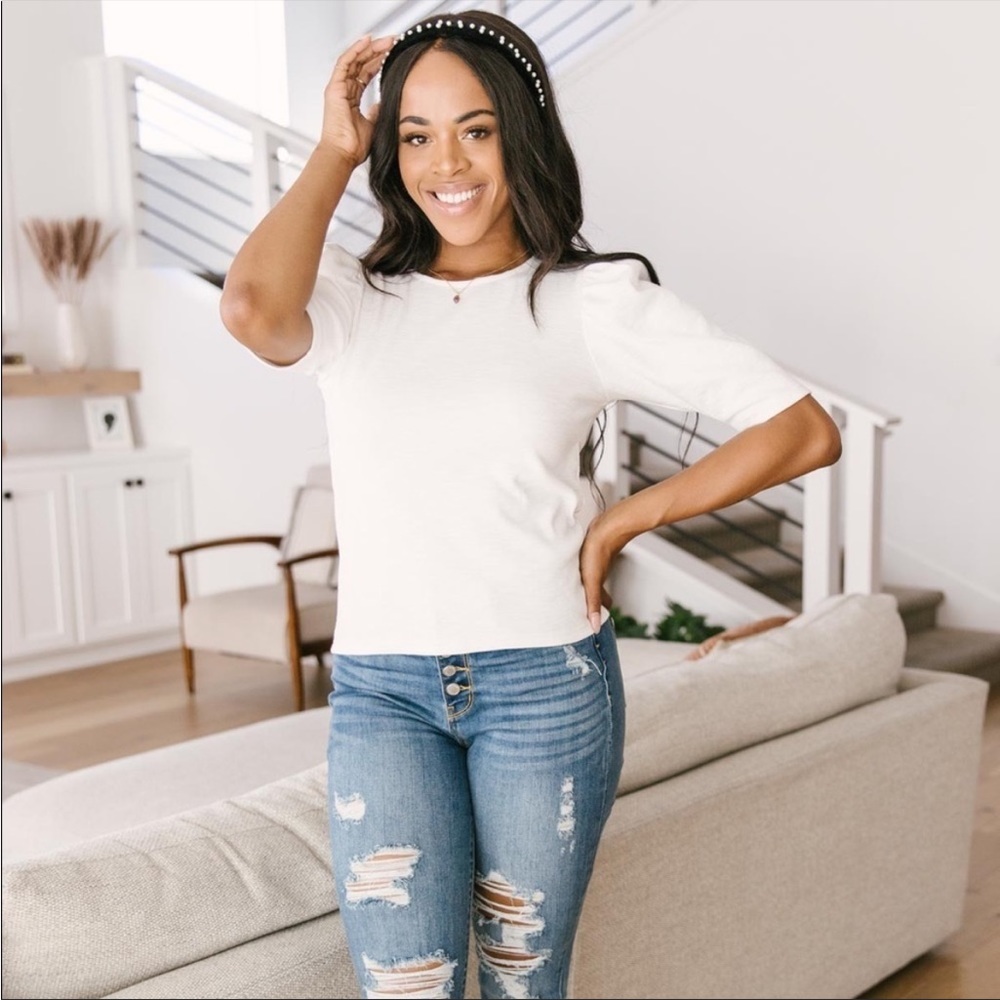 White Puff Sleeve Blouse Basic Knit Soft Stretchy - image 1